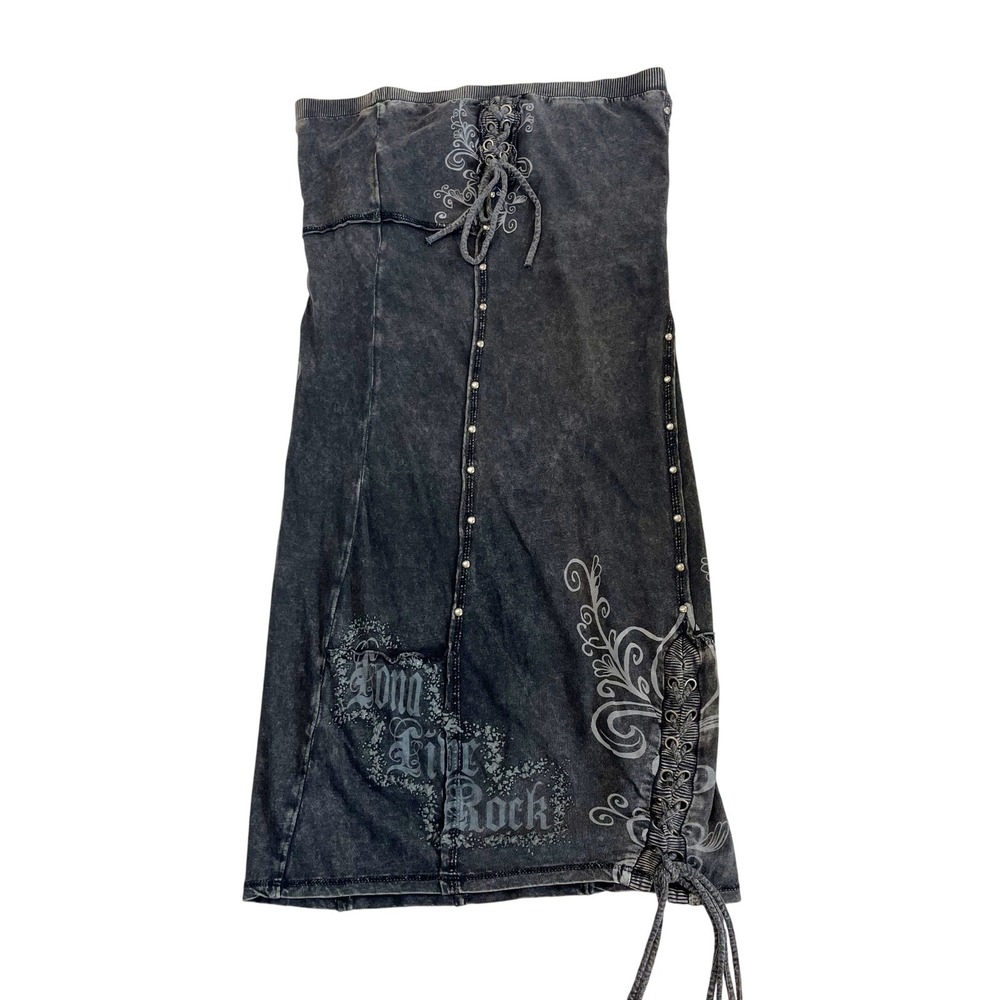 Treasure Rock Black Acid Wash Tube Dress Y2K McBling Grunge Lace Up - Size Small